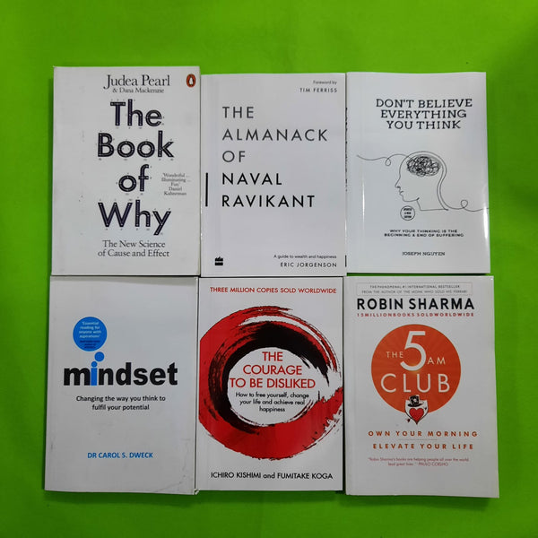 the book of why=the almanack of naval revikant=don't believe everything you think=mindset=the courace to be dislike=the 5 am club