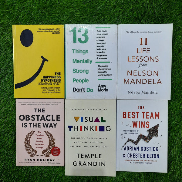 THE HAPPINESS HYPOTHESIS=13 Things Mentally Strong People=11 LIFE LESSONS from NELSON MANDELA=THE OBSTACLE IS THE WAY=VISUAL THINKING=THE BEST TEAM WINS