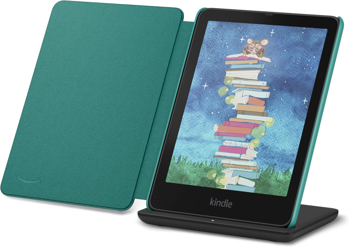 Introducing Amazon Kindle Colorsoft  Edition Essentials Bundle including Kindle Colorsoft Signature Edition - Black, Plant-Based Leather Cover-Jade and Wireless Charging Dock