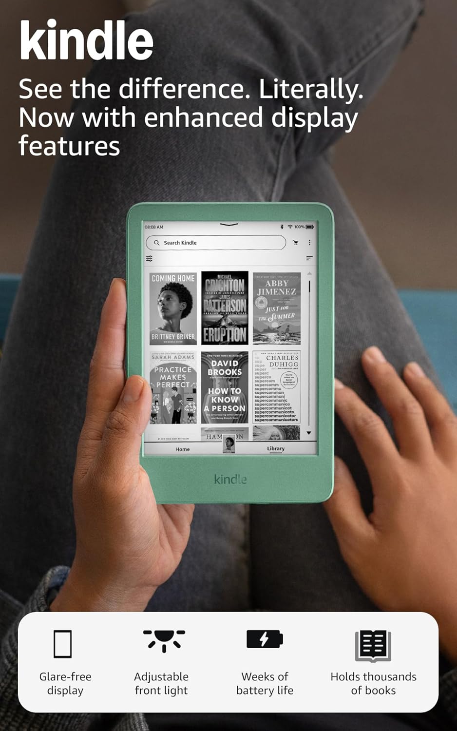 Amazon Kindle 11th gen 16 GB (newest model) - Lightest and most compact Kindle, now with faster page turns, and higher contrast ratio, for an enhanced reading experience - Without Lockscreen Ads - Matcha