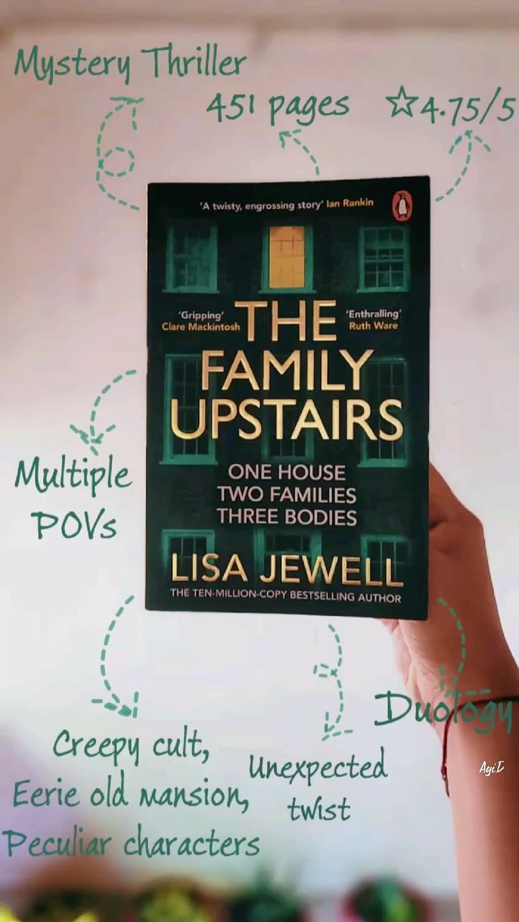 The Family Upstairs by Lisa Jewell book cover in a mystery thriller promotional photo