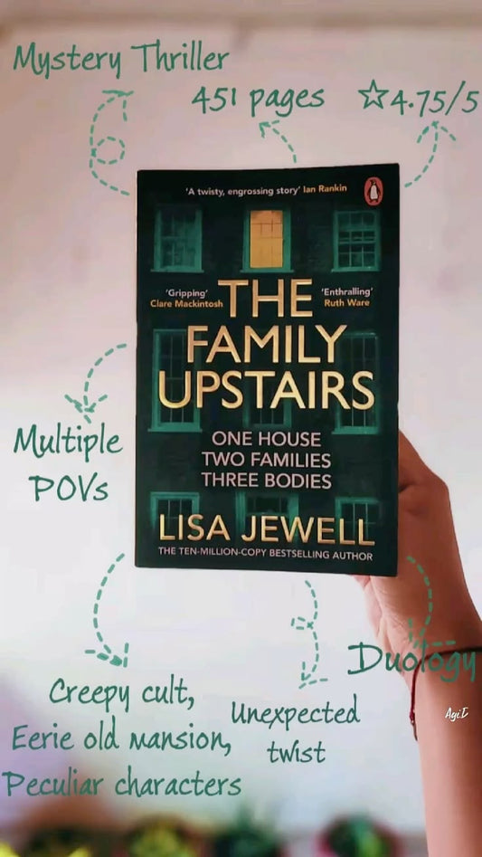 The Family Upstairs by Lisa Jewell book cover in a mystery thriller promotional photo