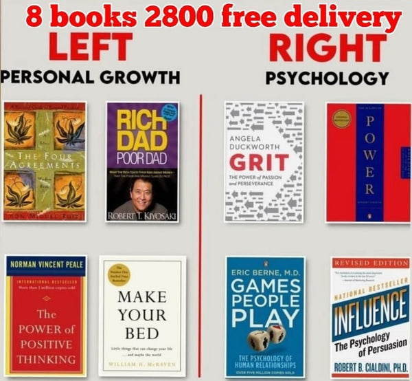 Set of 8+ THE FOUR AGREEMENTS+RICH DAD POOR DAD+THE POWER OF POSITIVE THINKING+MAKE YOUR BED+GRIT+THE 48 LAWS OF POWER+GAME PEOPLE PLAY+INFLUENCE c