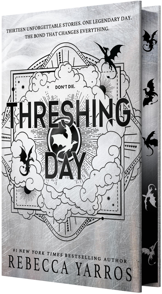 Threshing Day by Rebecca Yarros silver book cover with dragon illustrations