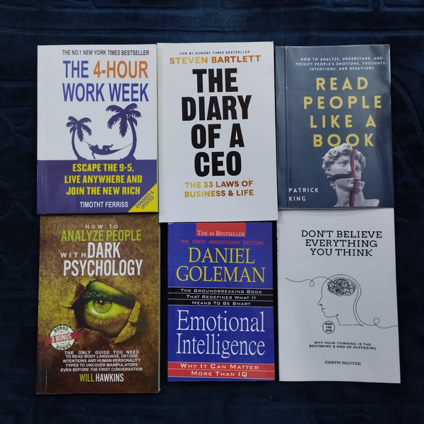 the 4 hour work week+the diary of a ceo+read people like a book+dark psychology+emotional intelligence+dont believe everything